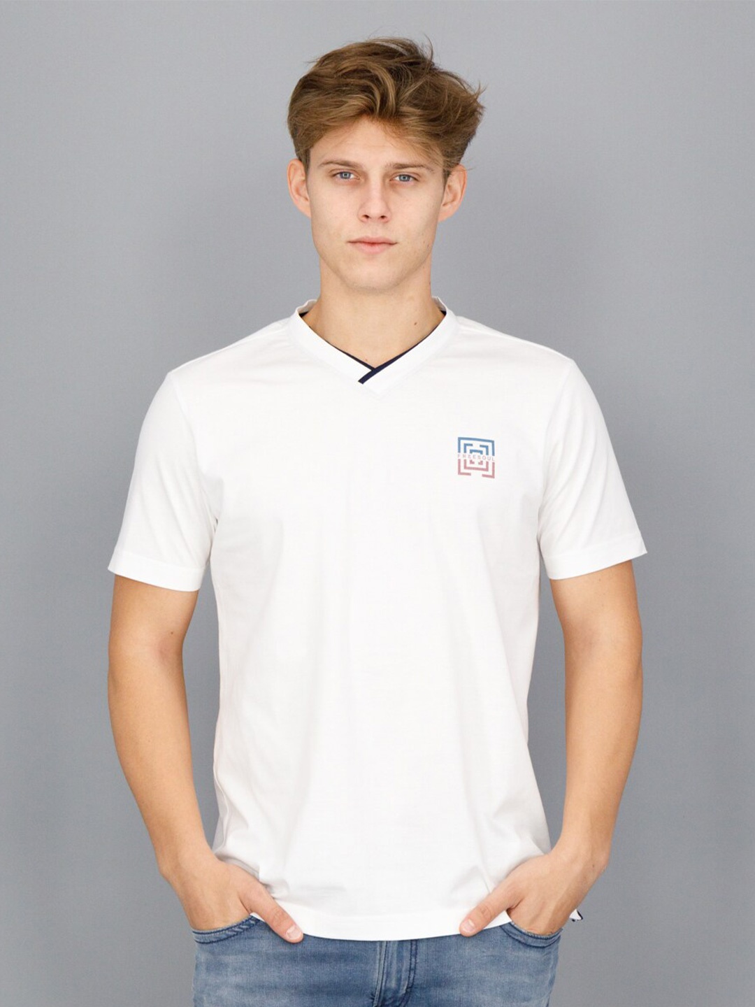 

FREESOUL Men White V-Neck Cotton T-shirt