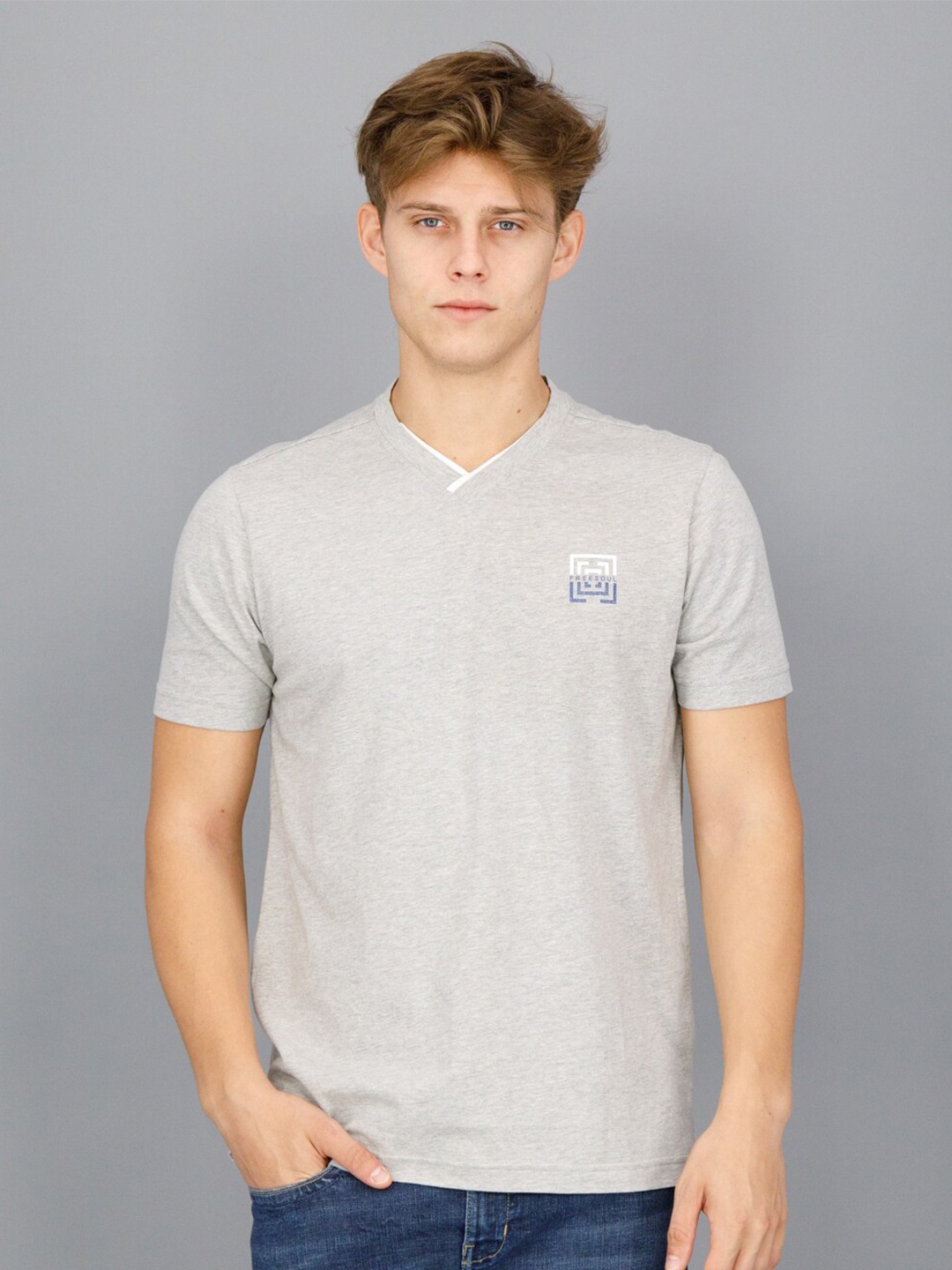 

FREESOUL Men Grey V-Neck Cotton T-shirt