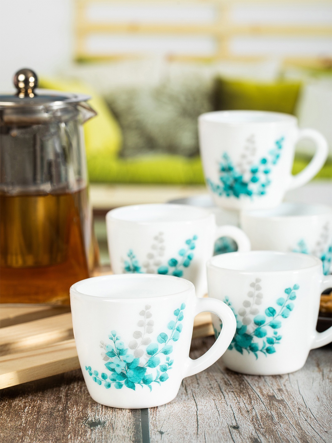 

Cello Imperial Ricca Mugs Set of 12 Aqua Leaves Opalware Mug Set-100ml, White