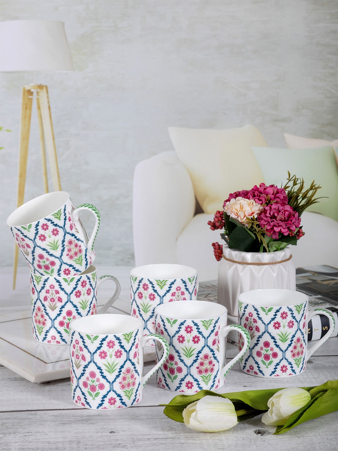 

GOODHOMES White & Pink Set of 6 Printed Bone China Glossy Mugs 220 ml Each