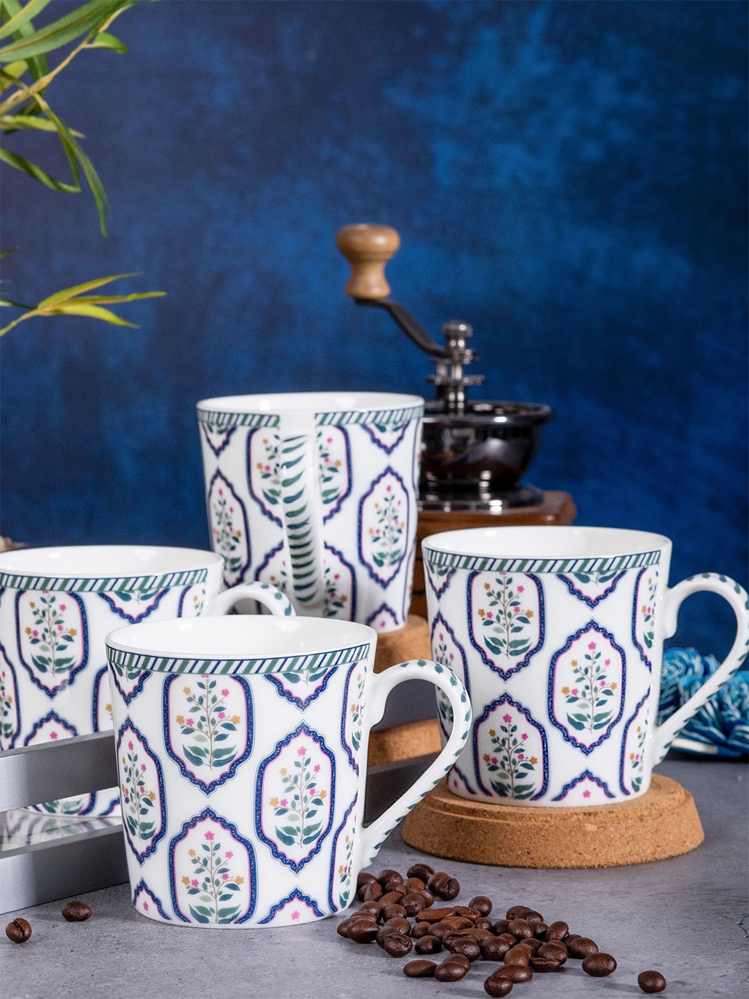 

GOODHOMES White & Blue Set of 4 Printed Bone China Glossy Mugs 320 ml Each