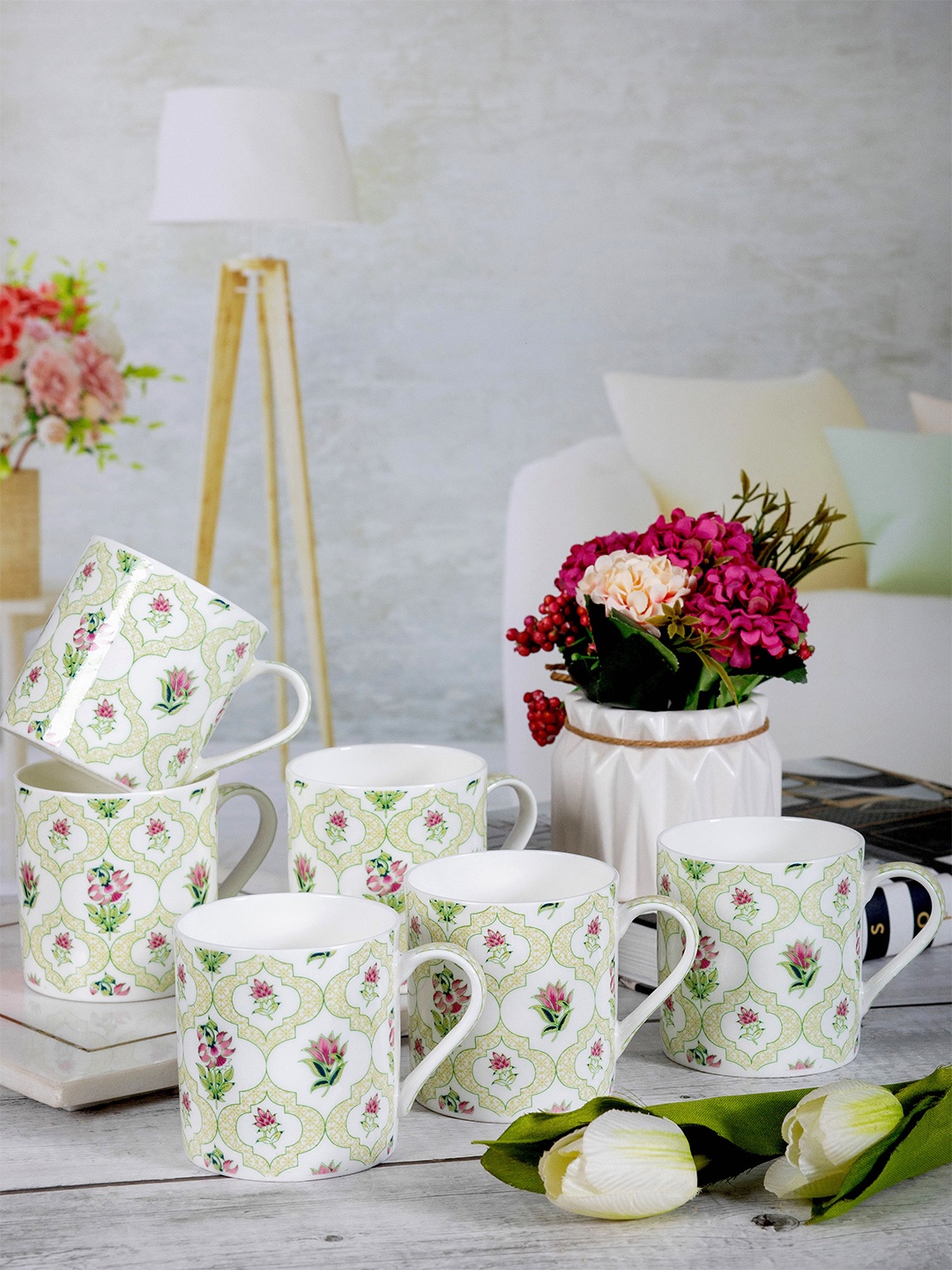 

GOODHOMES White & Green Set of 6 Printed Bone China Glossy Mugs 220 ml Each