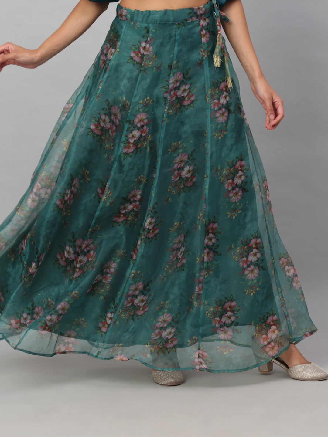 

NEUDIS Women Green & Pink Floral Printed Organza Flared Maxi Skirt