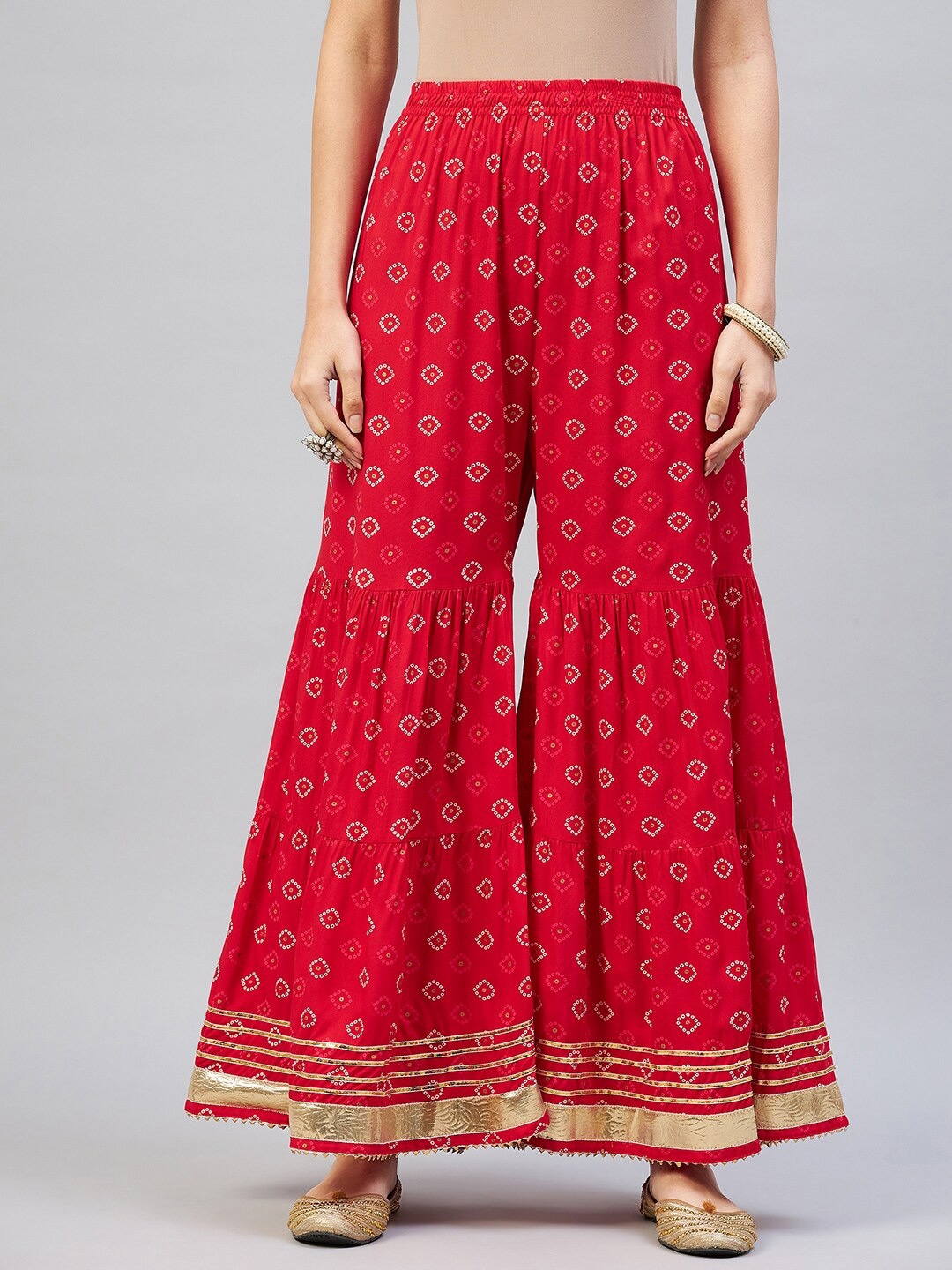 

InWeave Women Red & White Ethnic Motifs Printed Flared Ethnic Sharara