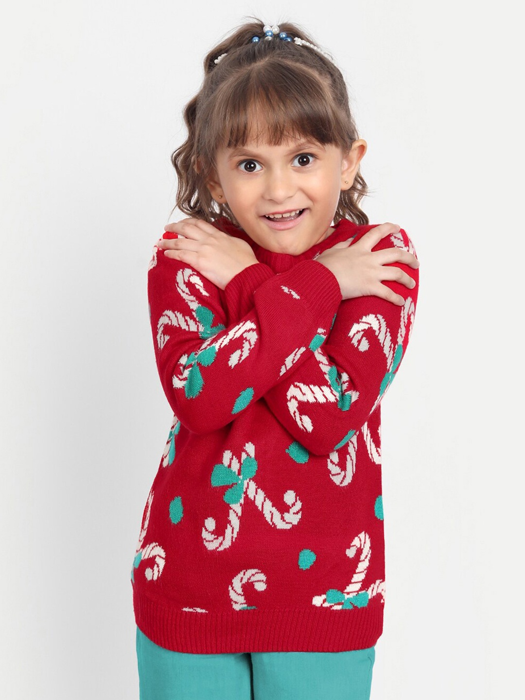 

YK Girls Red & White Christmas Candy Printed Pullover