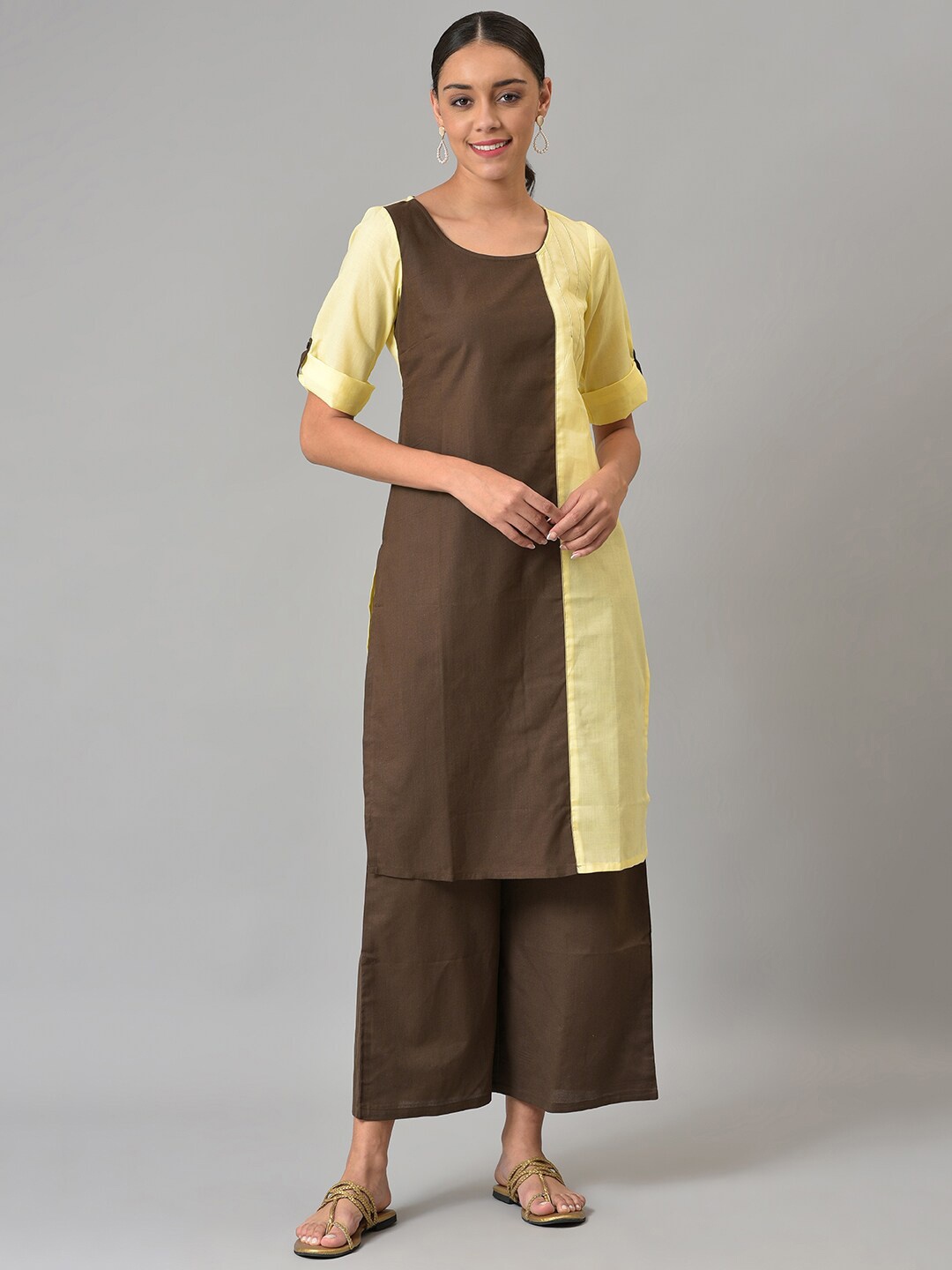 

AURELIA Women Colourblocked Straight Kurta with Palazzo Set, Yellow