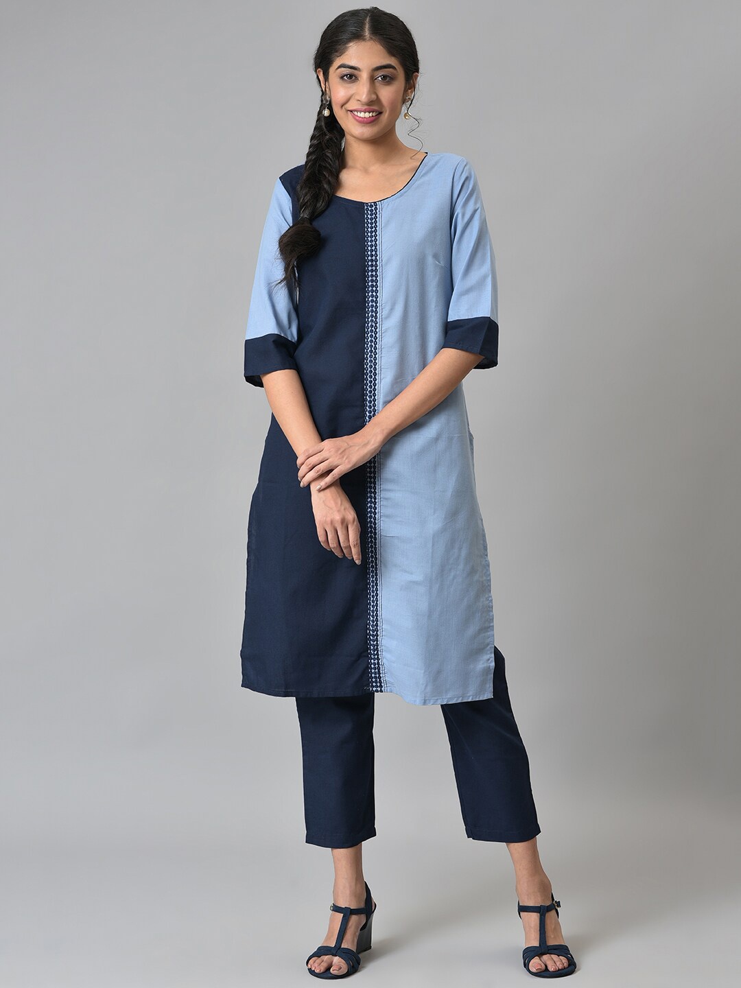 

Aurelia Women Solid Cotton Blend Kurta Set with Trousers, Blue