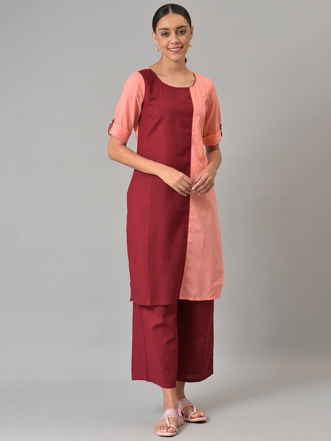 

AURELIA Women Colourblocked Kurta with Palazzos, Pink