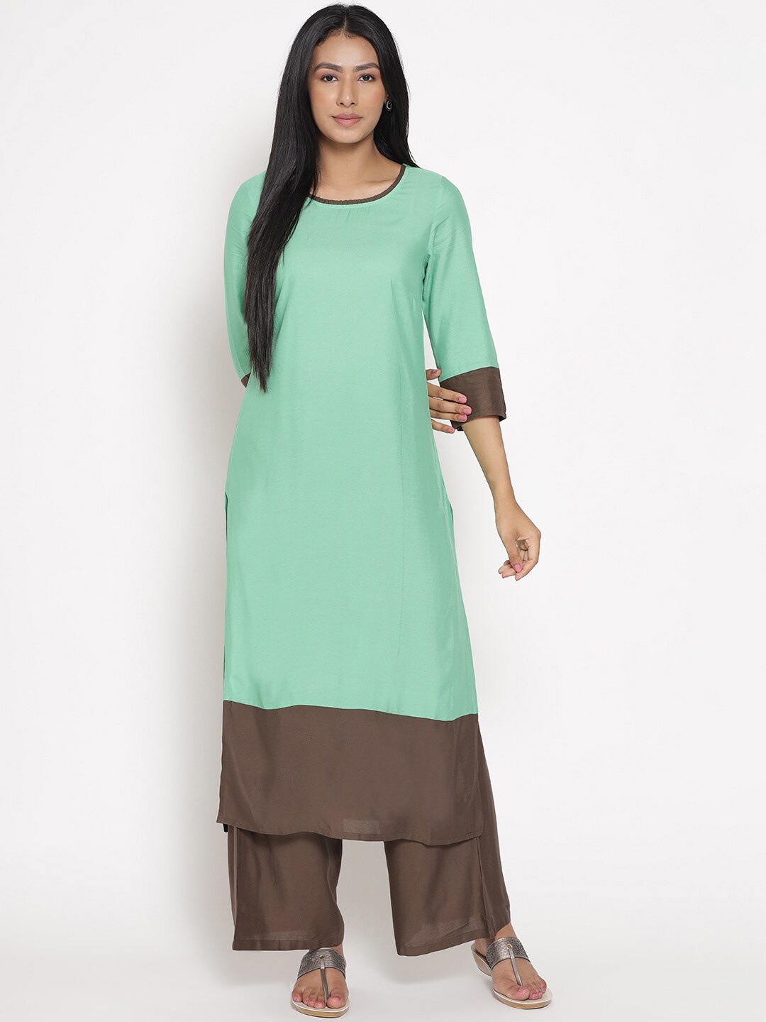 

AURELIA Women Colourblocked Kurta with Palazzos, Green