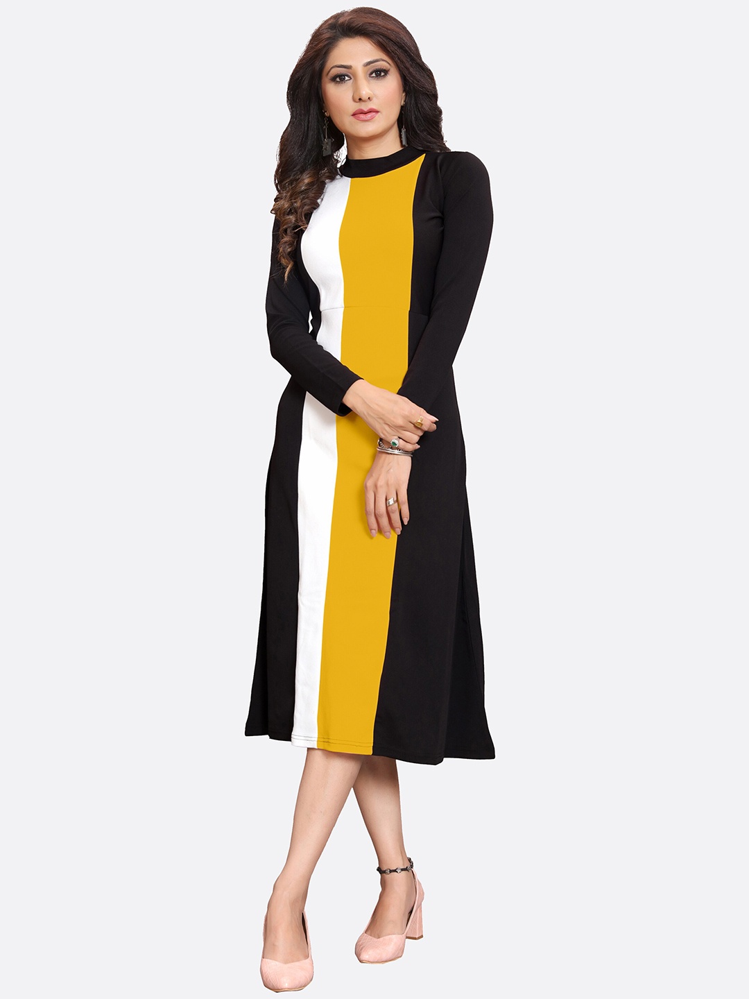 

LONDON BELLY Women Black & Yellow Colourblocked A-Line Midi Dress