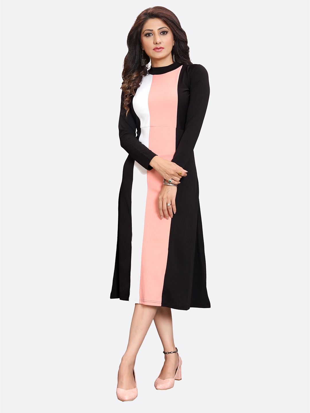 

LONDON BELLY Women Black & Peach-Coloured Colourblocked A-Line Midi Dress