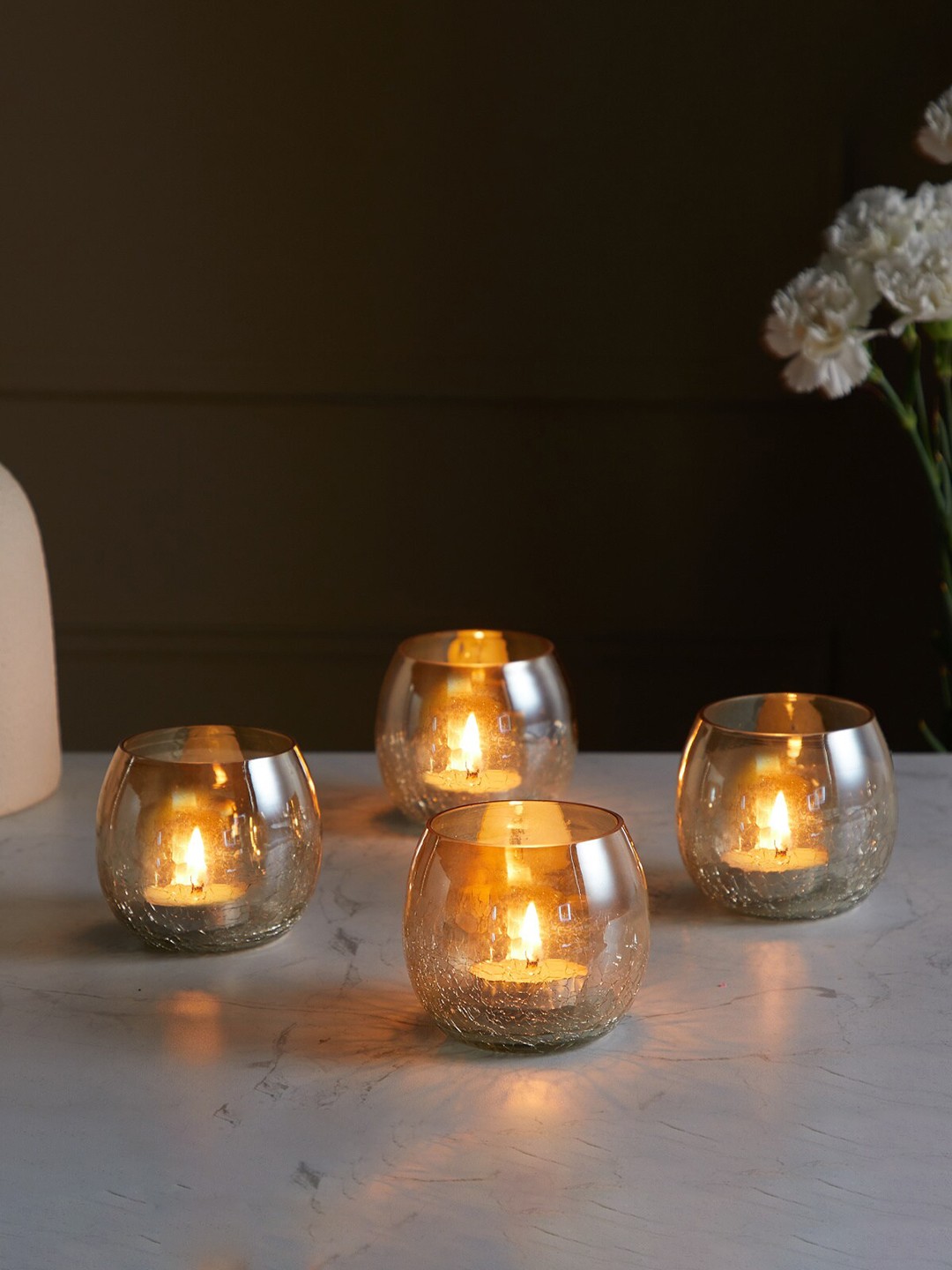 

Home Centre Set Of 4 Corsica Fest Gold-Toned Crackled Glass Candle Holder