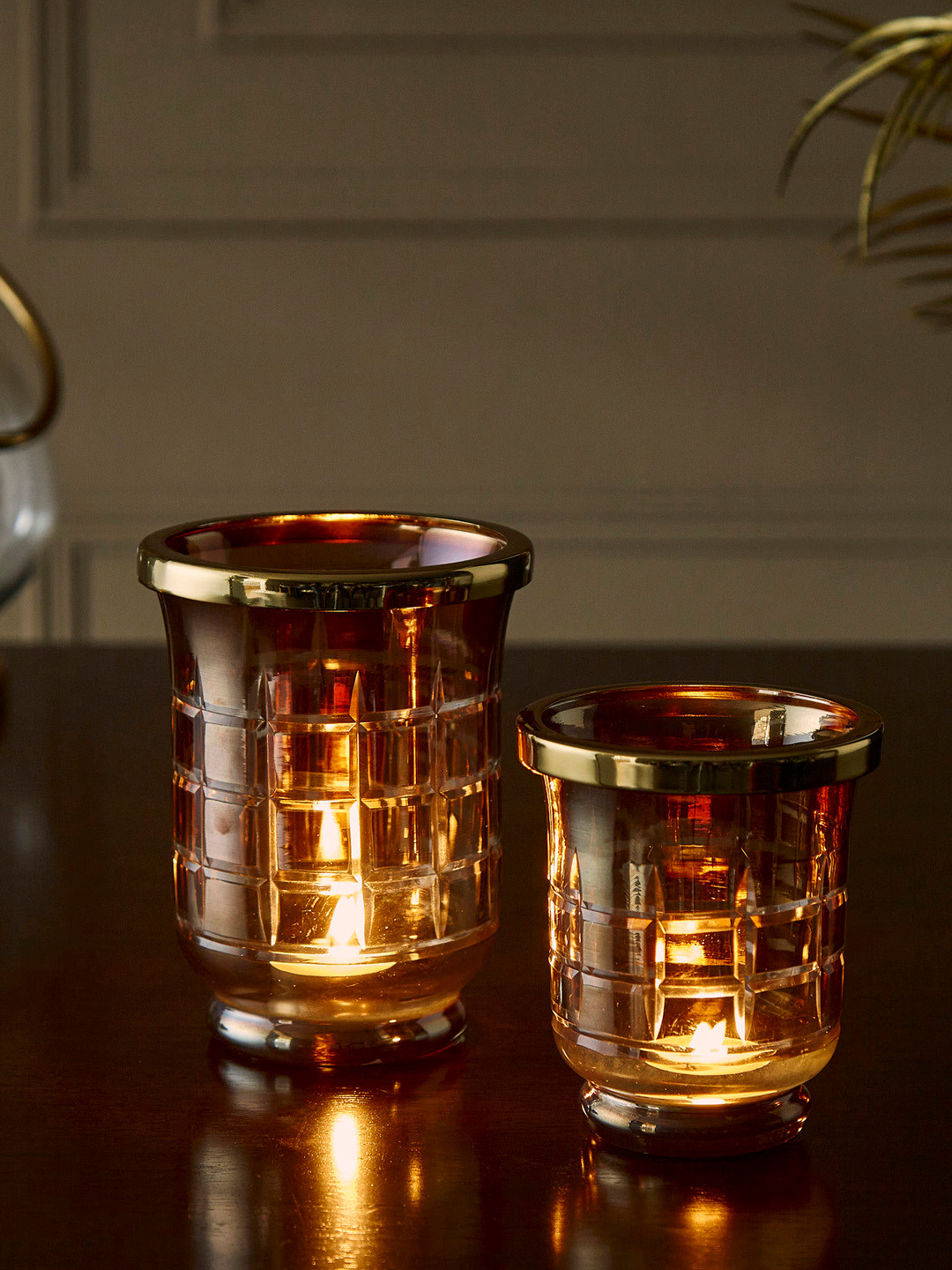 

Home Centre Fables Set of 2 Brown Printed Glass Hurricane Candle Holders