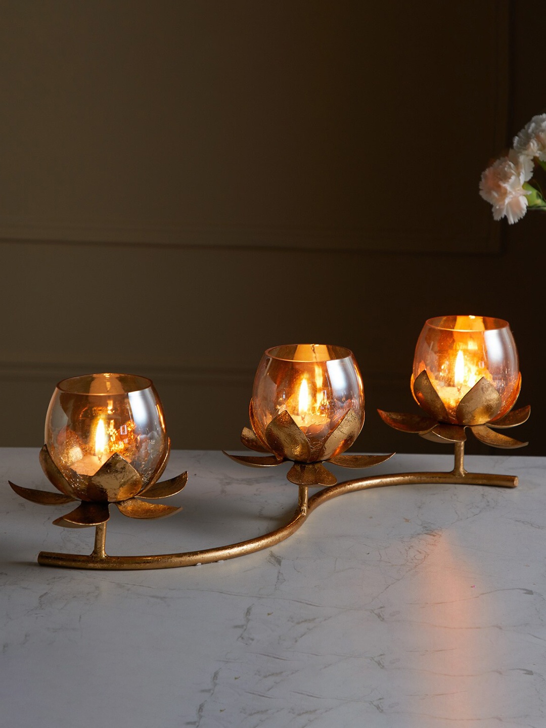 

Home Centre Set of 3 Gold-Toned Textured Lotus T-Light Holder
