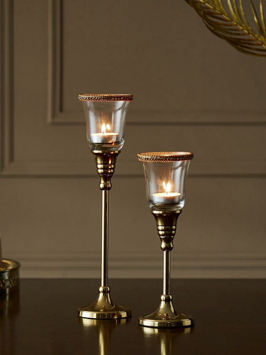 

Home Centre Set Of 2 Fables Rhinestone Embellished Glass Votive Holder, Gold