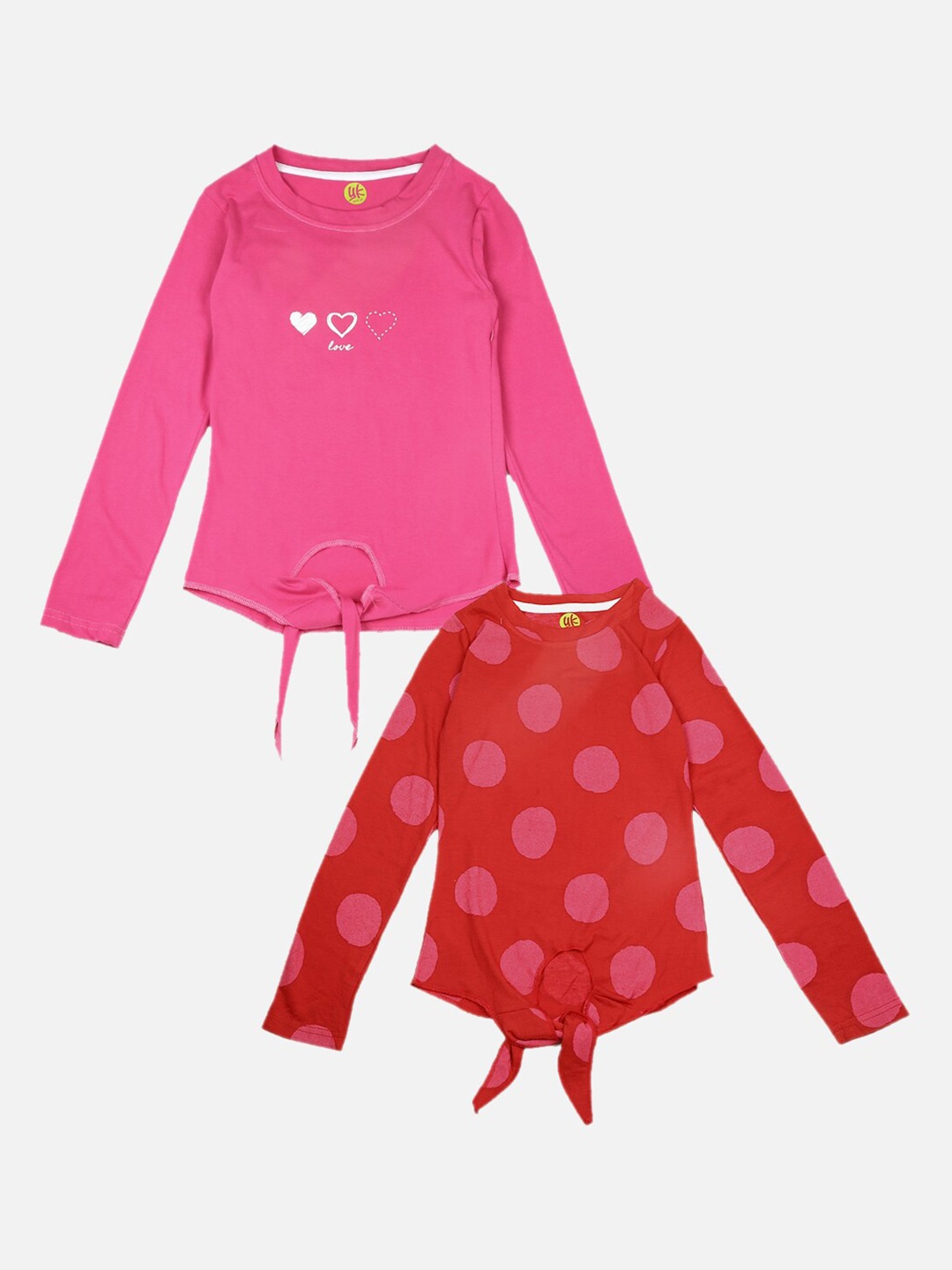 

YK Girls Pack of 2 Polka & Heart Printed Tie- Up T-shirts, Assorted