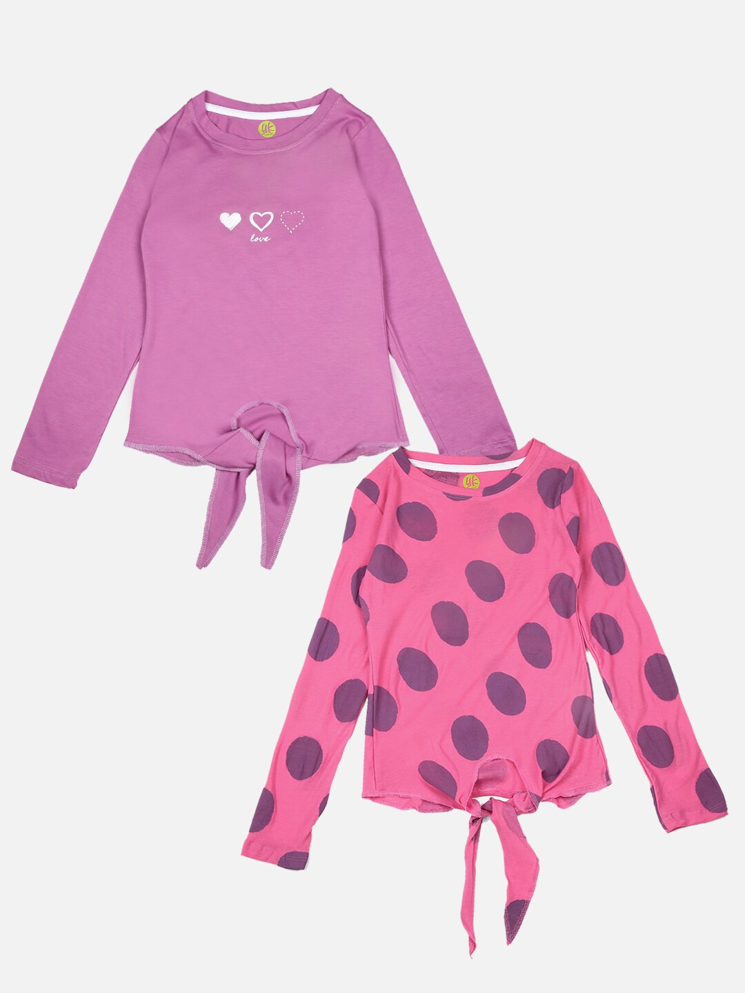 

YK Girls Pack of 2 Polka & Heart Printed Tie- Up T-shirts, Assorted