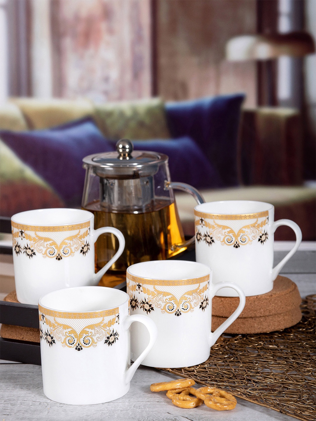 

SONAKI White & Yellow Set of 6 Printed Bone China Glossy Mugs 220 ml