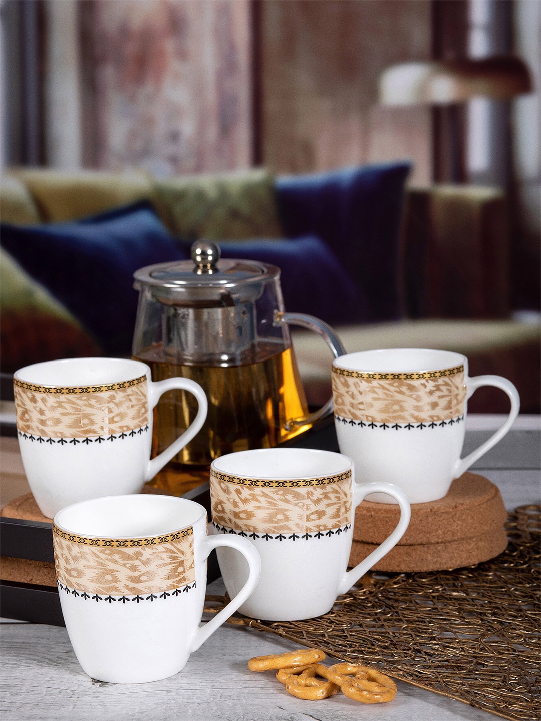 

SONAKI White & Brown Set of 6 Printed Bone China Mugs 180 ml Each
