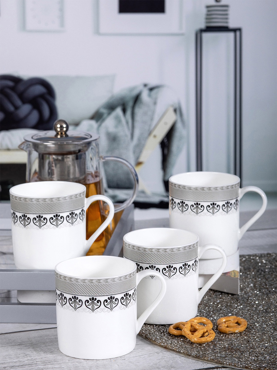 

SONAKI White & Grey Set of 6 Printed Bone China Mugs 220 ml Each