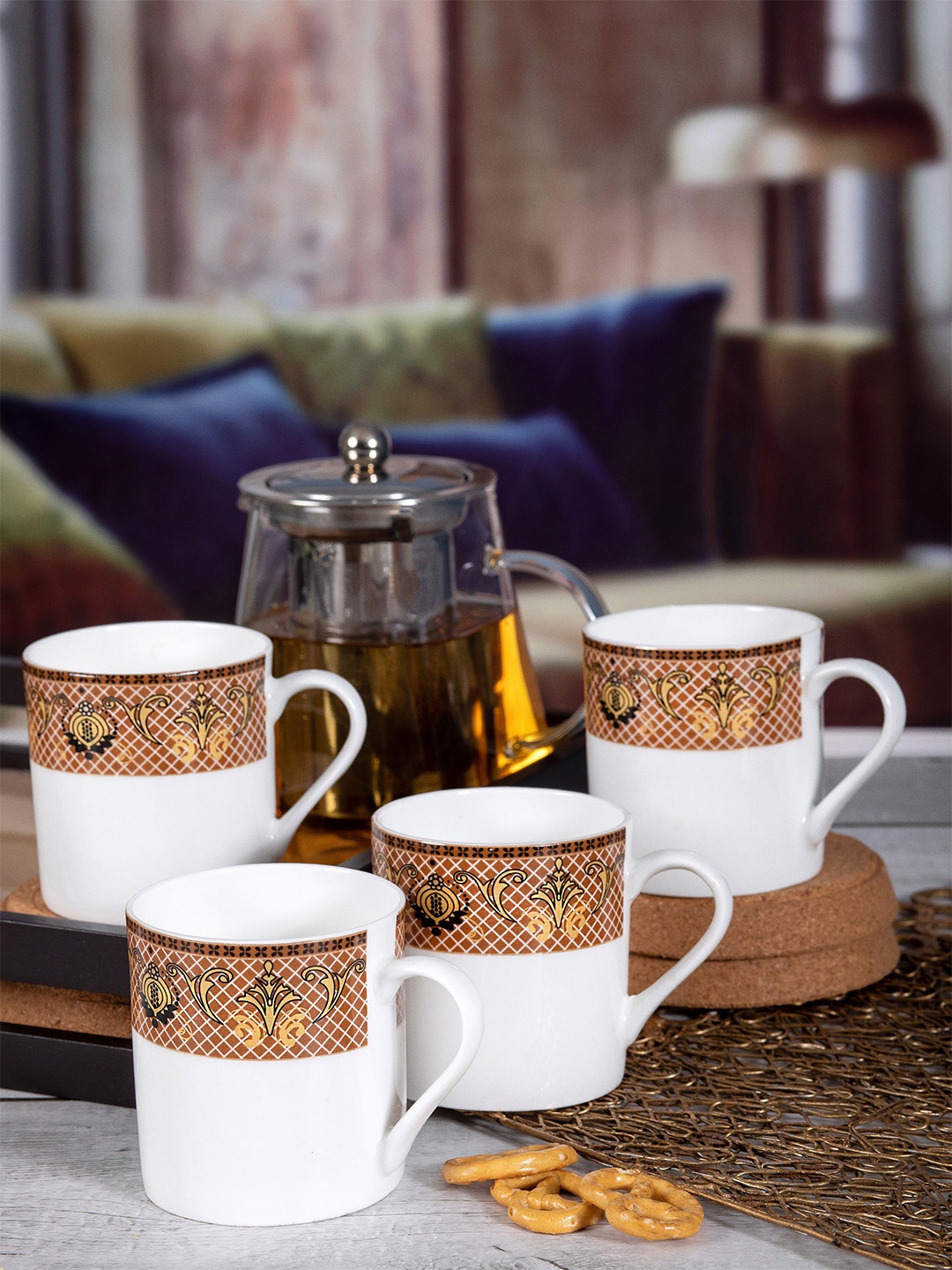 

SONAKI White & Brown Set of 6 Printed Bone China Mugs 220 ml Each