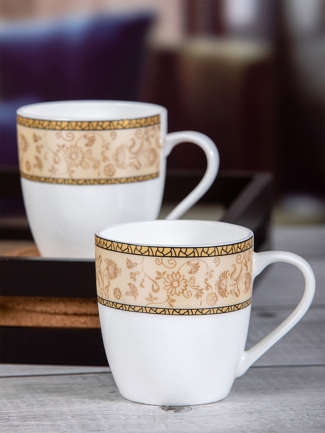 

SONAKI White & Brown Set of 6 Printed Bone China Mugs 180 ml Each