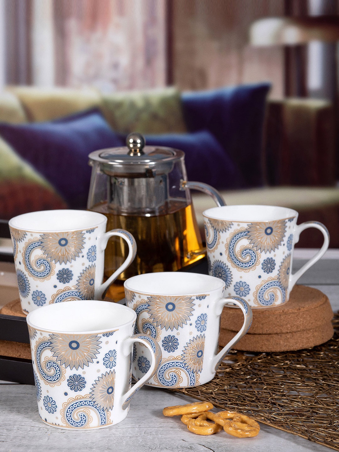 

SONAKI White & Blue Set of 6 Dishwasher Safe Printed Bone China Glossy Mugs 200 ml Each