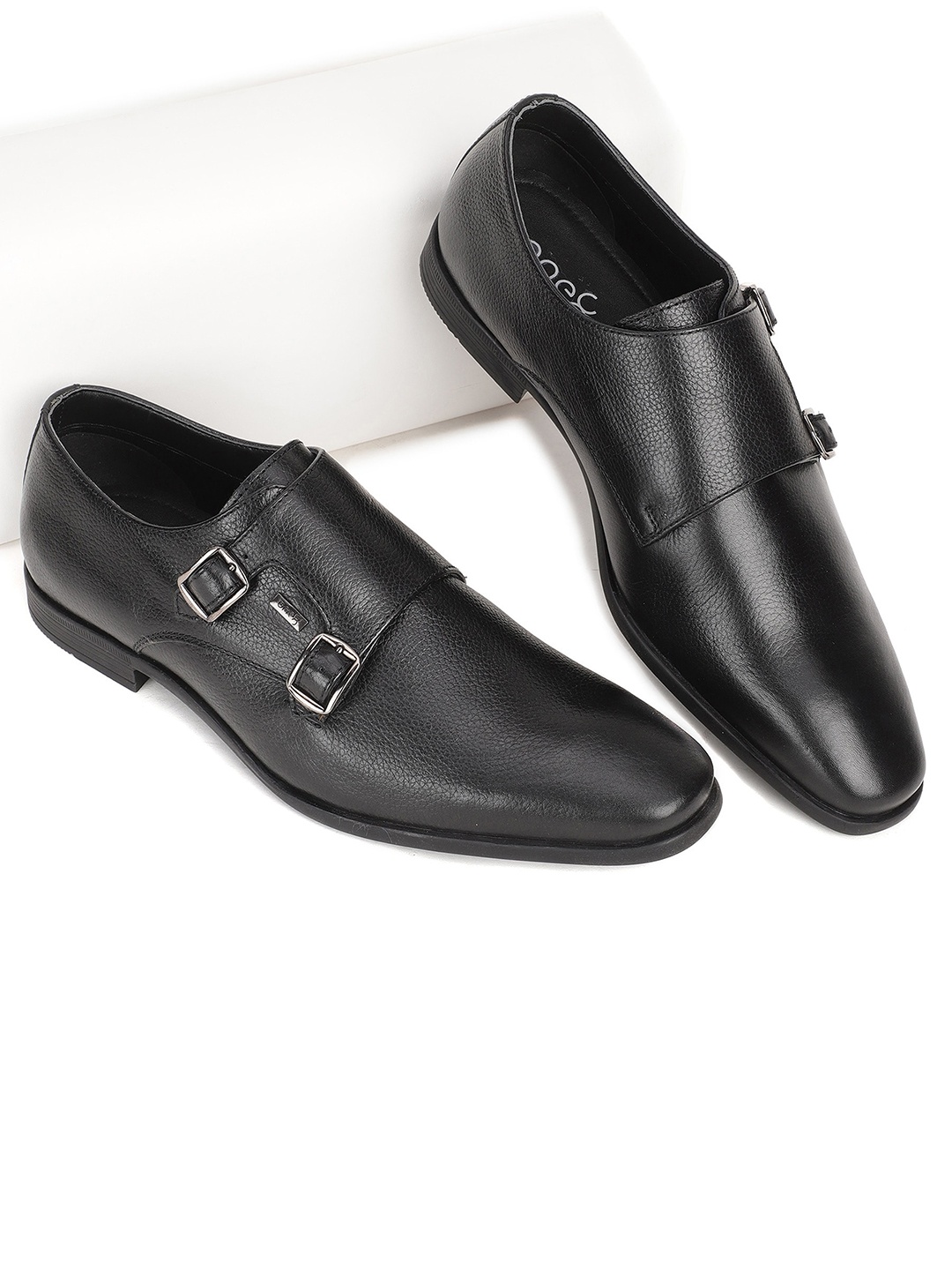 

One8 Men Black Solid Leather Monk Shoes