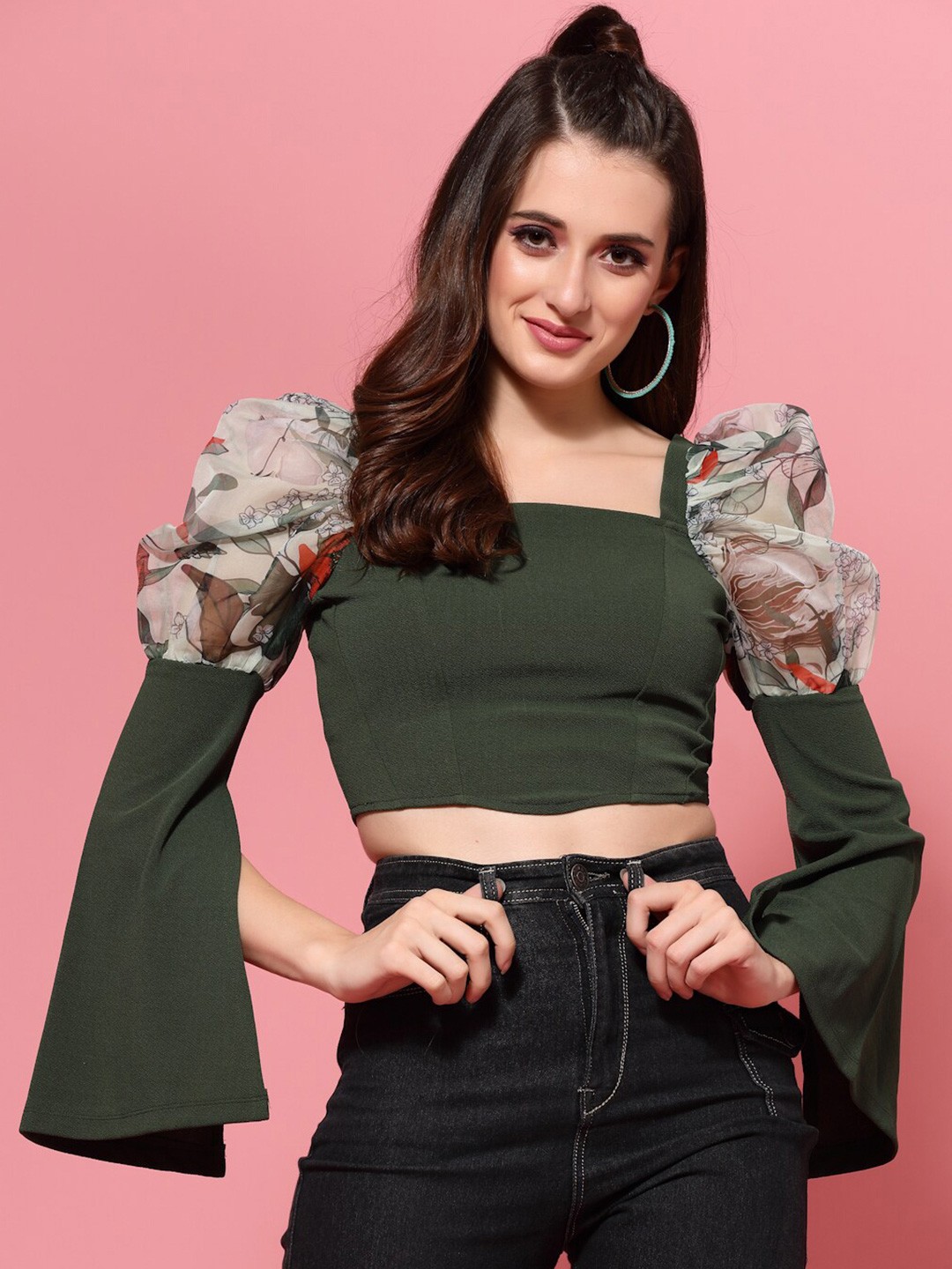 

KASSUALLY Woman Puff Sleeves Organza Crop Top, Green