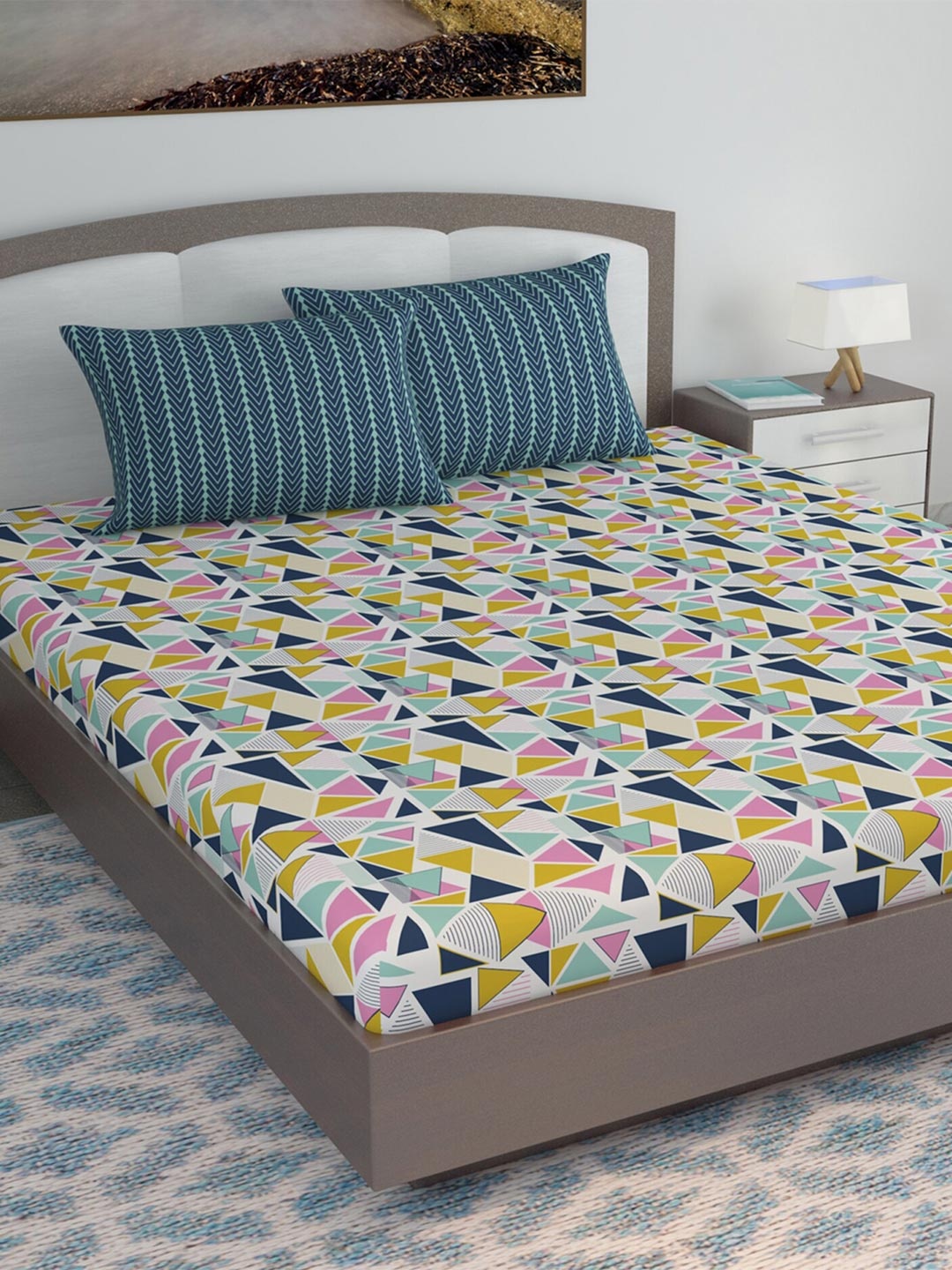 

Divine Casa Blue & Yellow Geometric Blend Cotton 120 TC King Bedsheet with 2 Pillow Covers