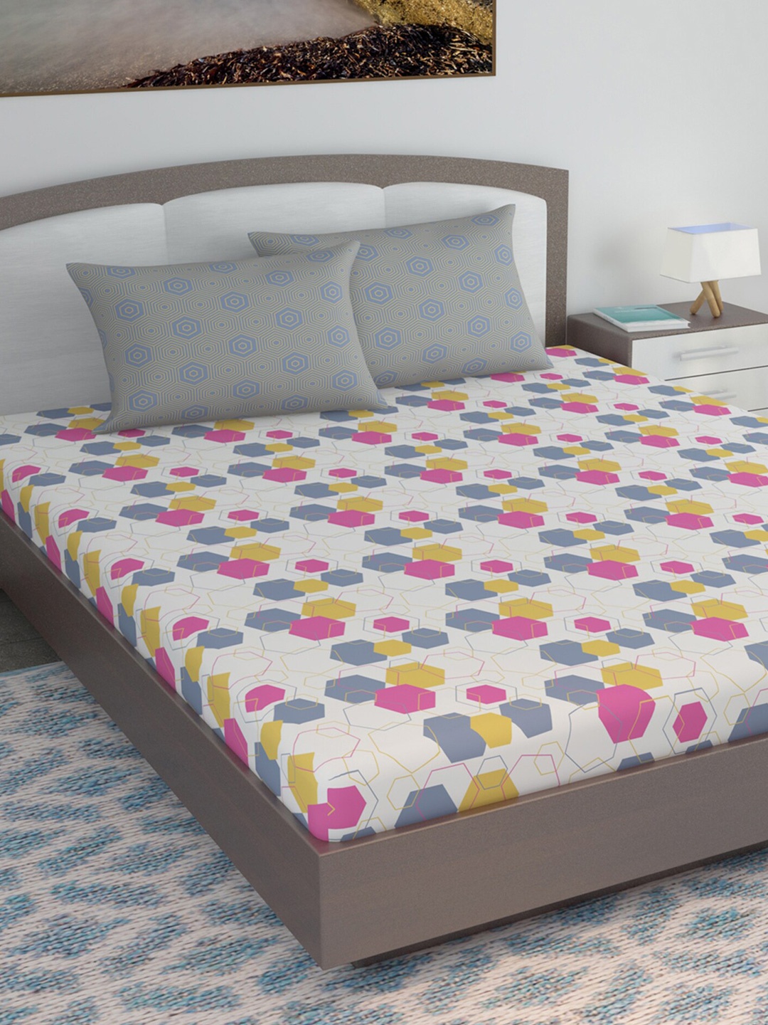 

Divine Casa Grey & White Blend Cotton 120 TC King Bedsheet with 2 Pillow Covers