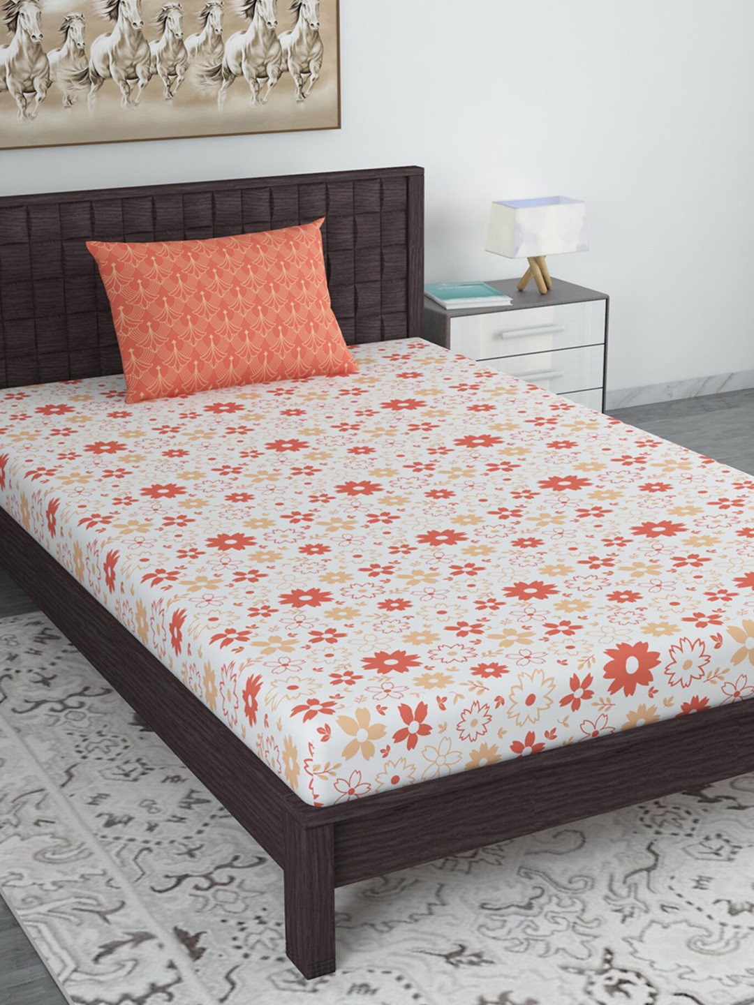 

Divine Casa Orange & White Floral Blend Cotton 120 TC Single Bedsheet with 1 Pillow Cover