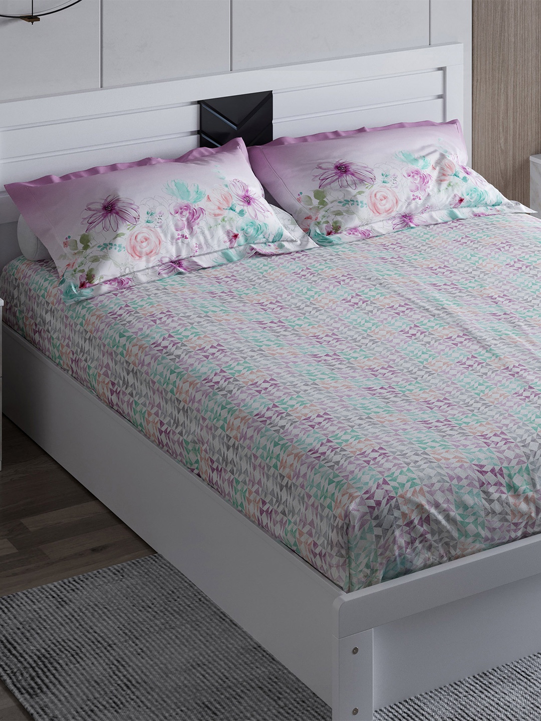 

Home Centre Pink & Blue Floral 210 TC Queen Bedsheet with 2 Pillow Covers