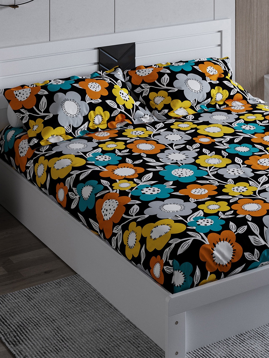 

Home Centre Black & Grey Floral 210 TC Queen Bedsheet with 2 Pillow Covers