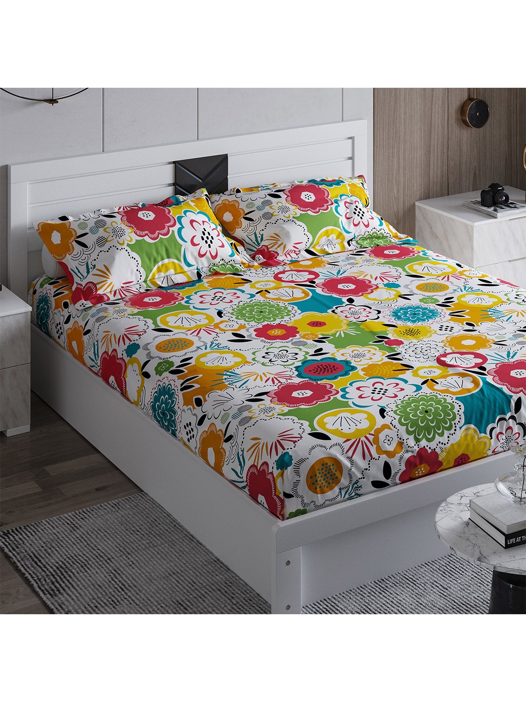 

Home Centre Pink & Yellow Floral 210 TC King Bedsheet with 2 Pillow Covers