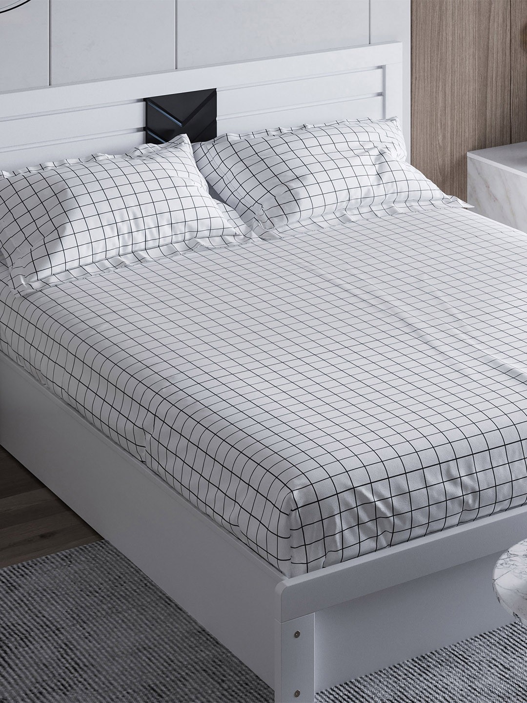 

Home Centre 210 TC Sweet Dreams Checked Cotton Fitted King Bedsheet with 2 Pillow Covers, White