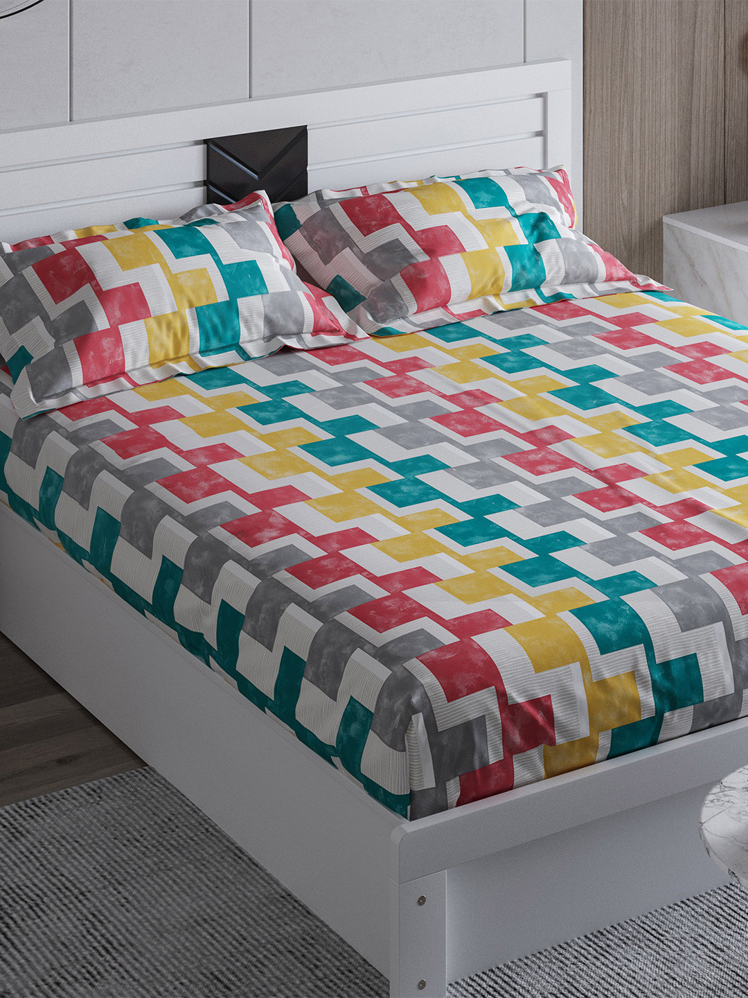 

Home Centre Pink & Yellow Geometric 210 TC Queen Bedsheet with 2 Pillow Covers