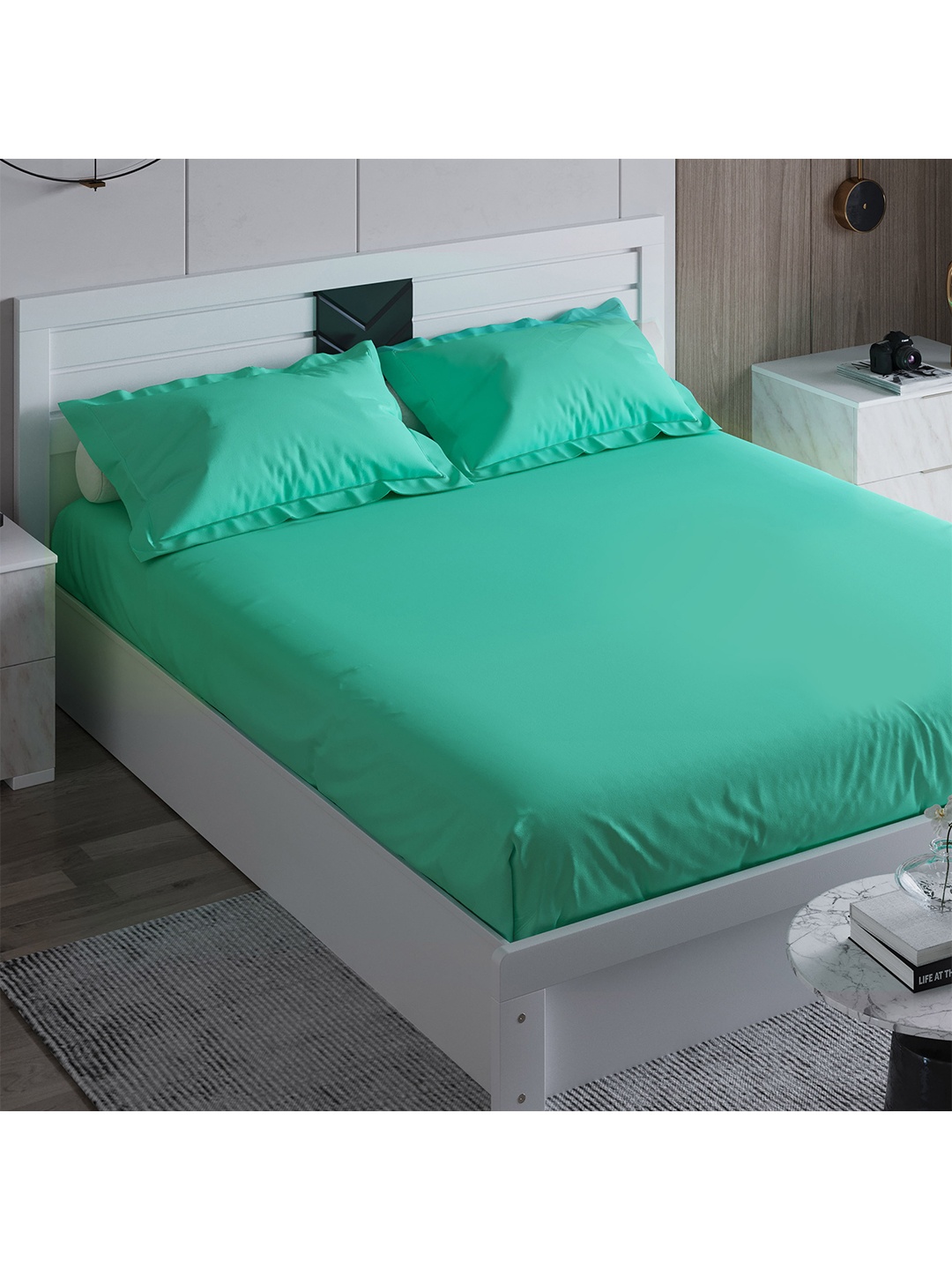 

Home Centre Everyday Essentials Juniper Trance Teal Blue Solid Queen Bedsheet Set