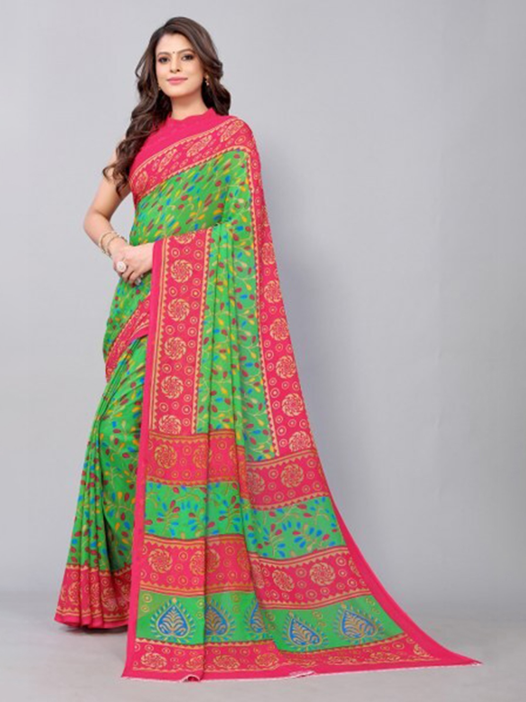 

Yashika Green & Pink Floral Georgette Saree