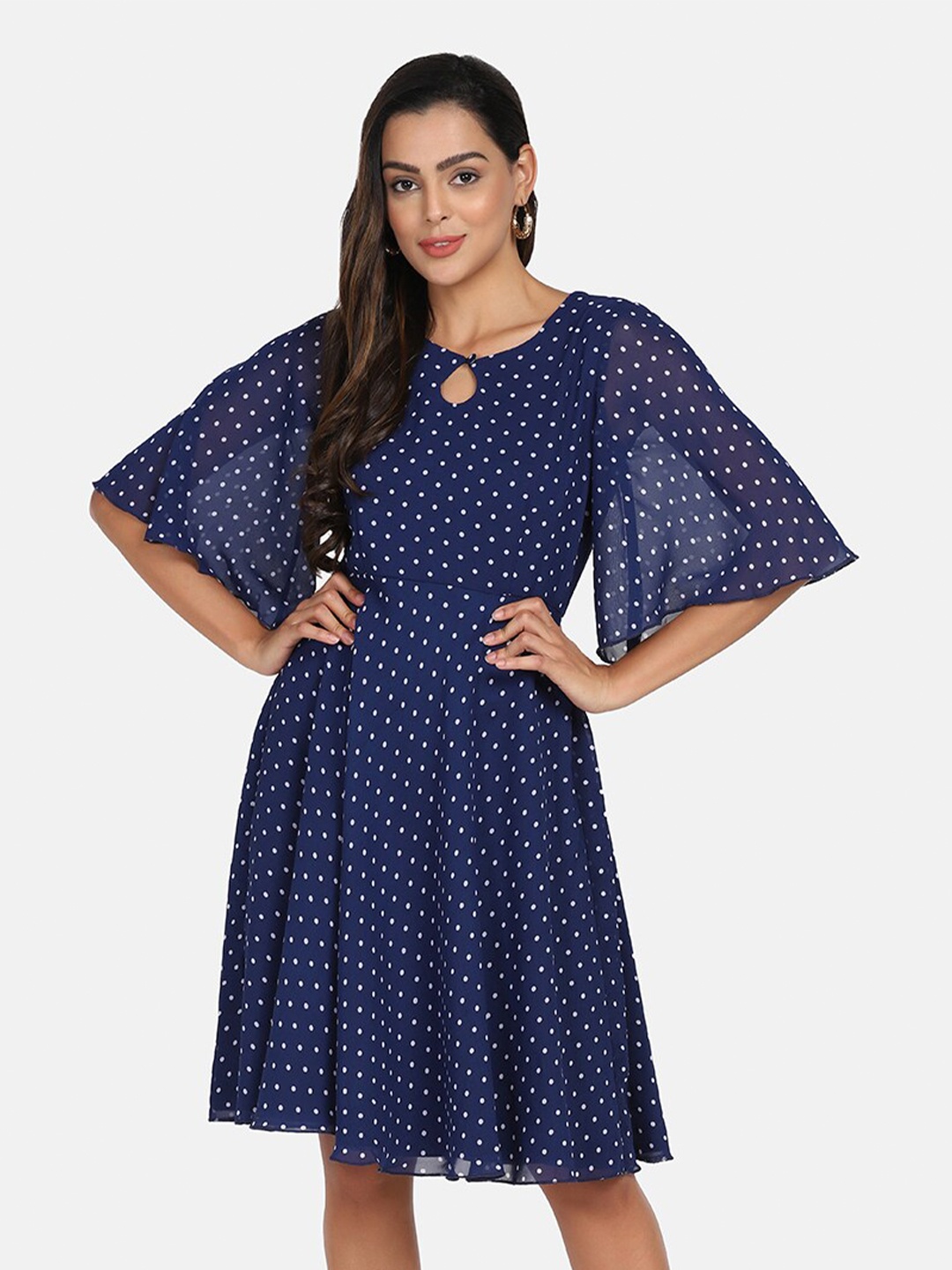 

PowerSutra Blue Keyhole Neck Polka Dot Dress