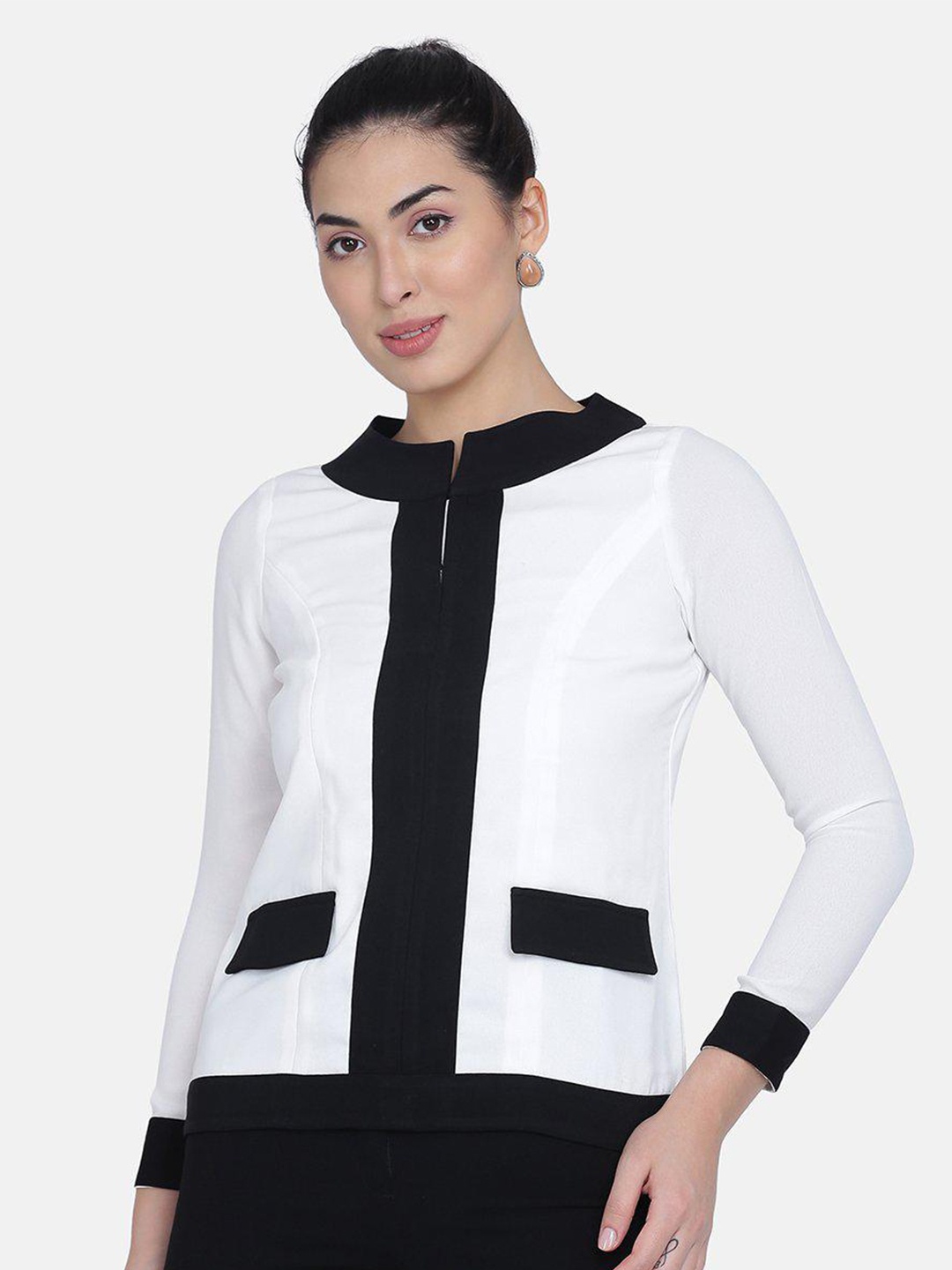 

PowerSutra White & Black Colourblocked Crepe Top