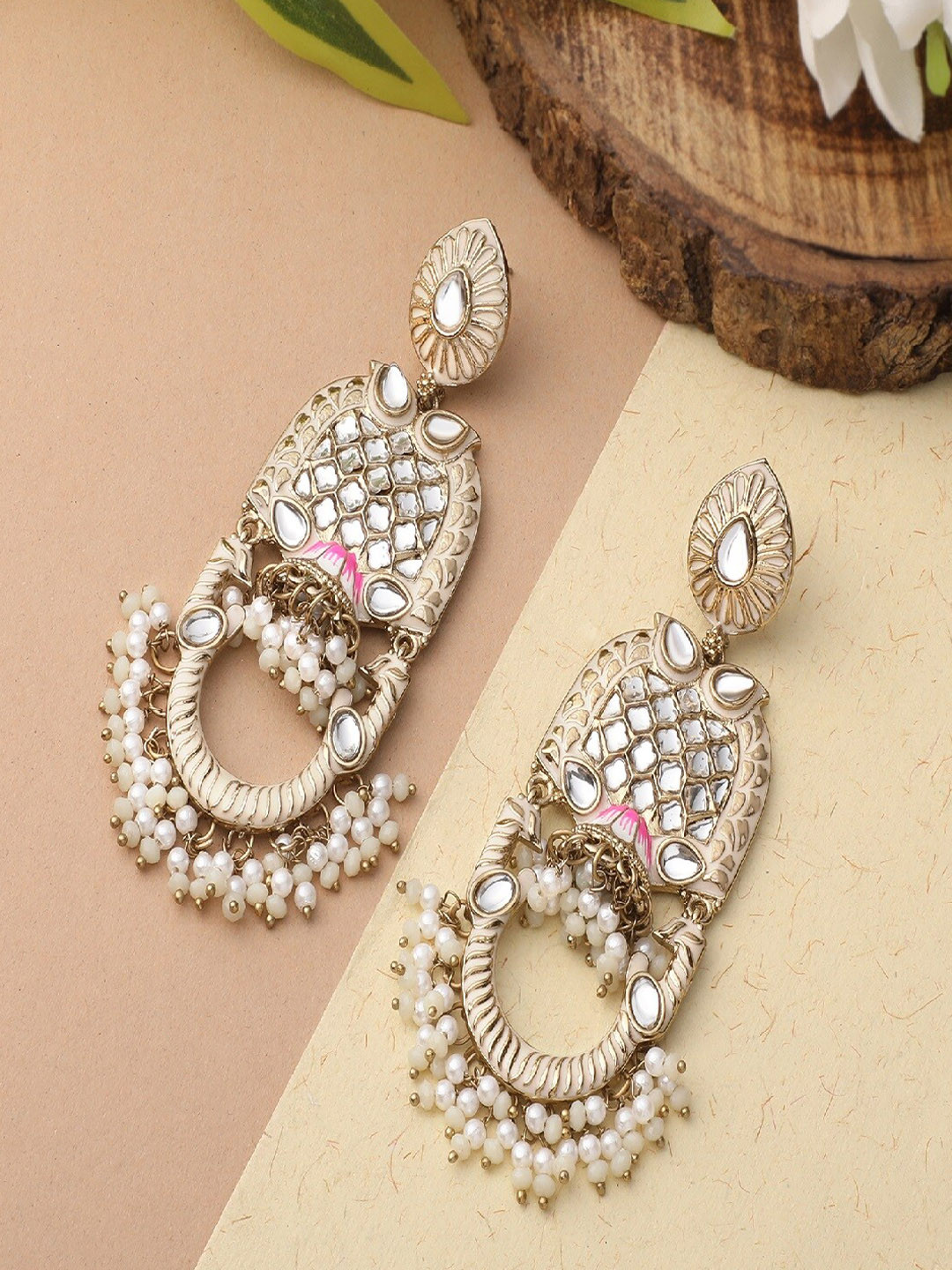 

Mahi Women White & Gold-Toned Contemporary Drop Earrings