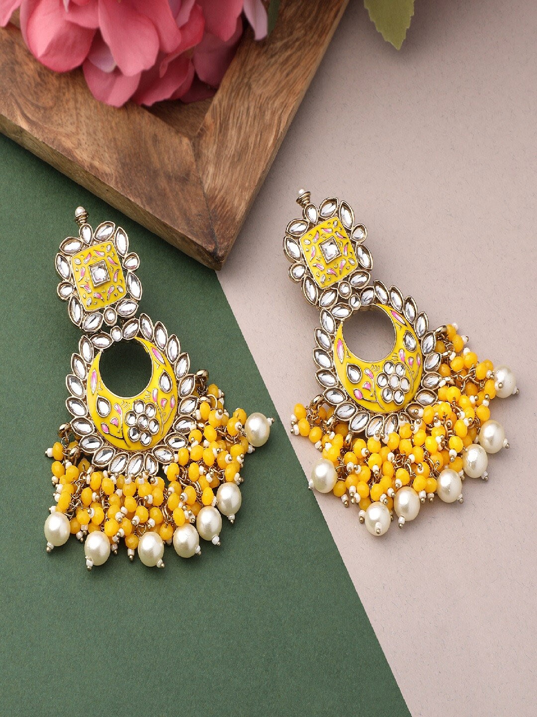 

Mahi Women Yellow & White Contemporary Chandbalis Earrings