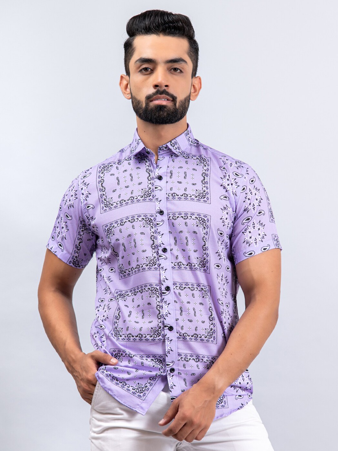 

Tistabene Men Lavender Regular Fit Printed Crepe Casual Shirt