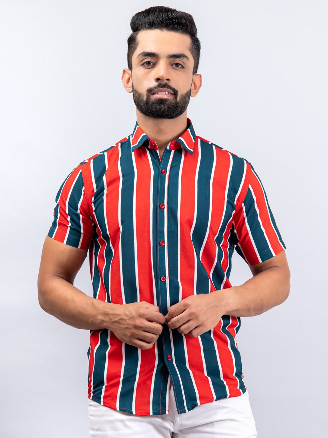 

Tistabene Men Red Regular Fit Striped Crepe Casual Shirt