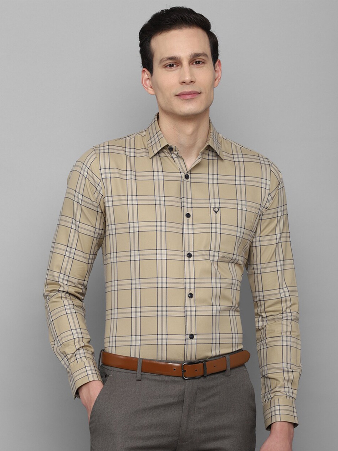 

Allen Solly Men Beige Slim Fit Tartan Checked Pure Cotton Formal Shirt