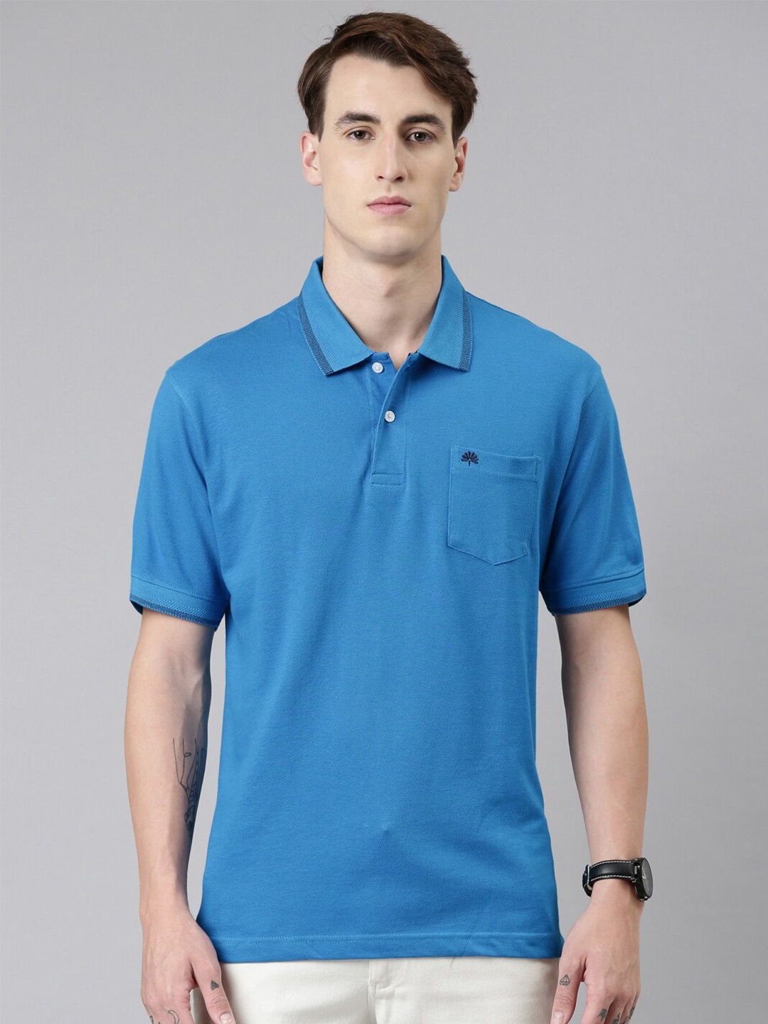 

Chennis Men Blue Polo Collar Cotton Slim Fit T-shirt