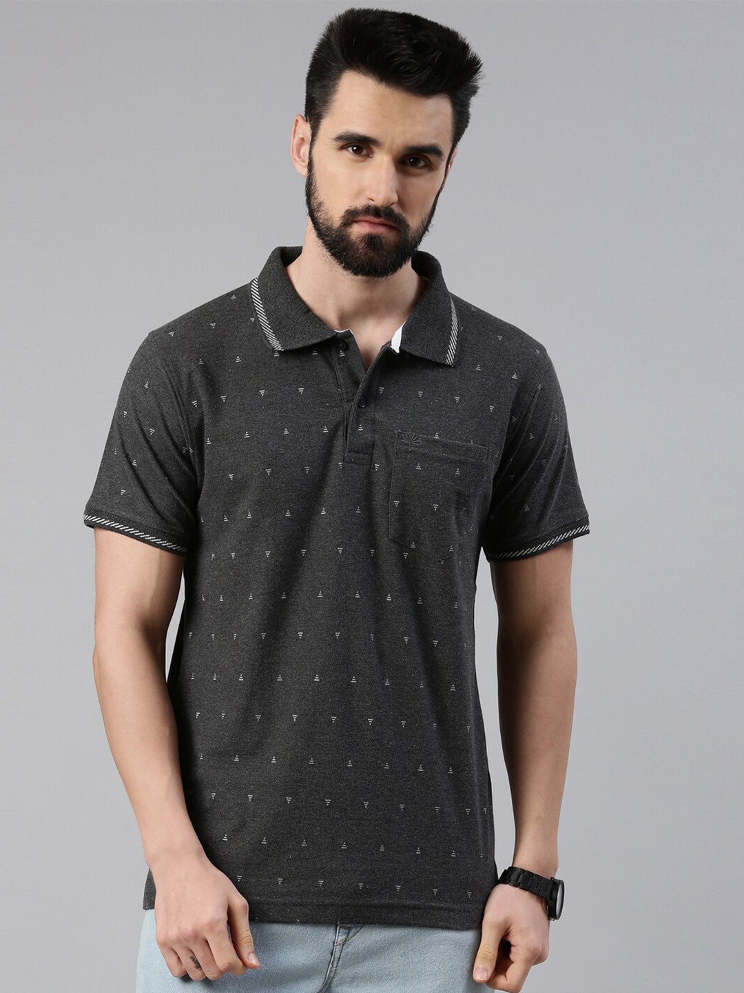 

Chennis Men Grey Printed Polo Collar Cotton Slim Fit T-shirt