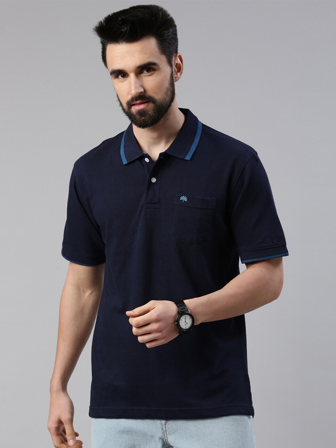 

Chennis Men Navy Blue Polo Collar Cotton Slim Fit T-shirt