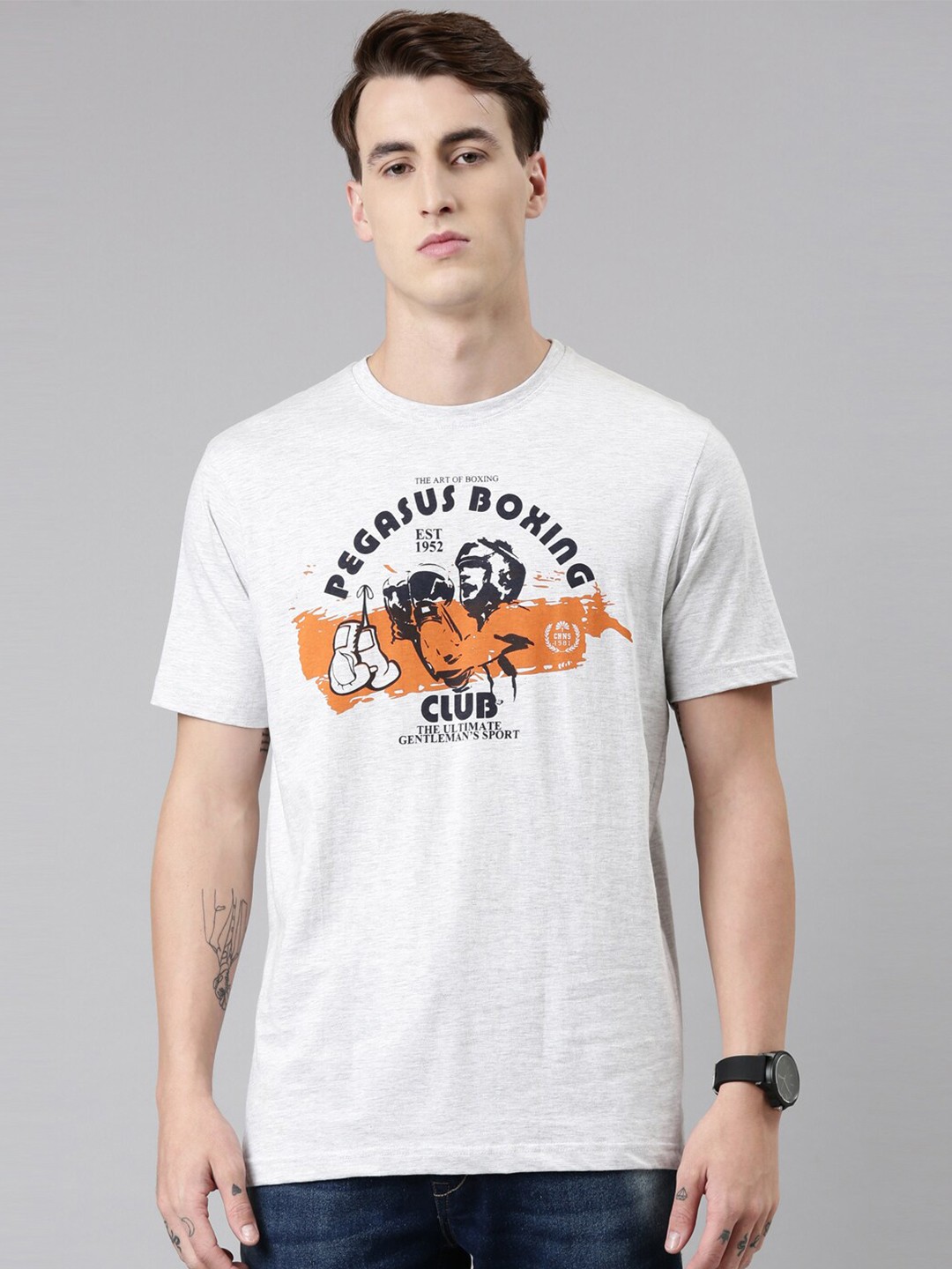 

Chennis Men Beige Typography Printed Cotton Slim Fit T-shirt